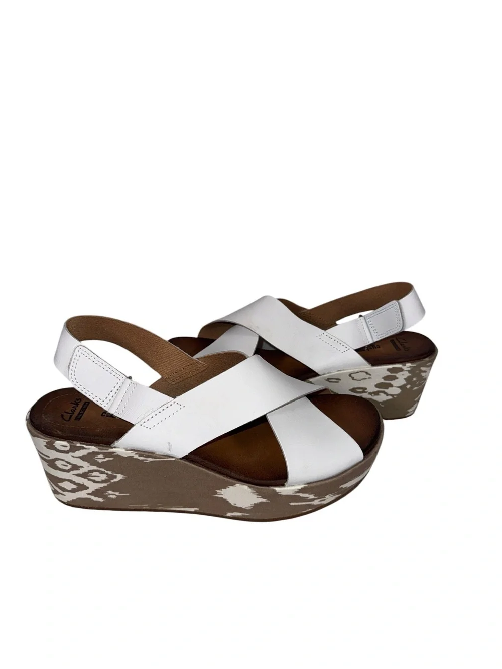 Clarks White Leather Crisscross Wedge Sandals
